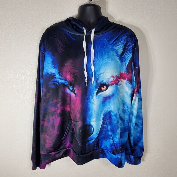 Wolf Galaxy Graphic Hoodie 4XL Unisex Pullover Drawstring Hood Polyester Blend - Picture 1 of 8